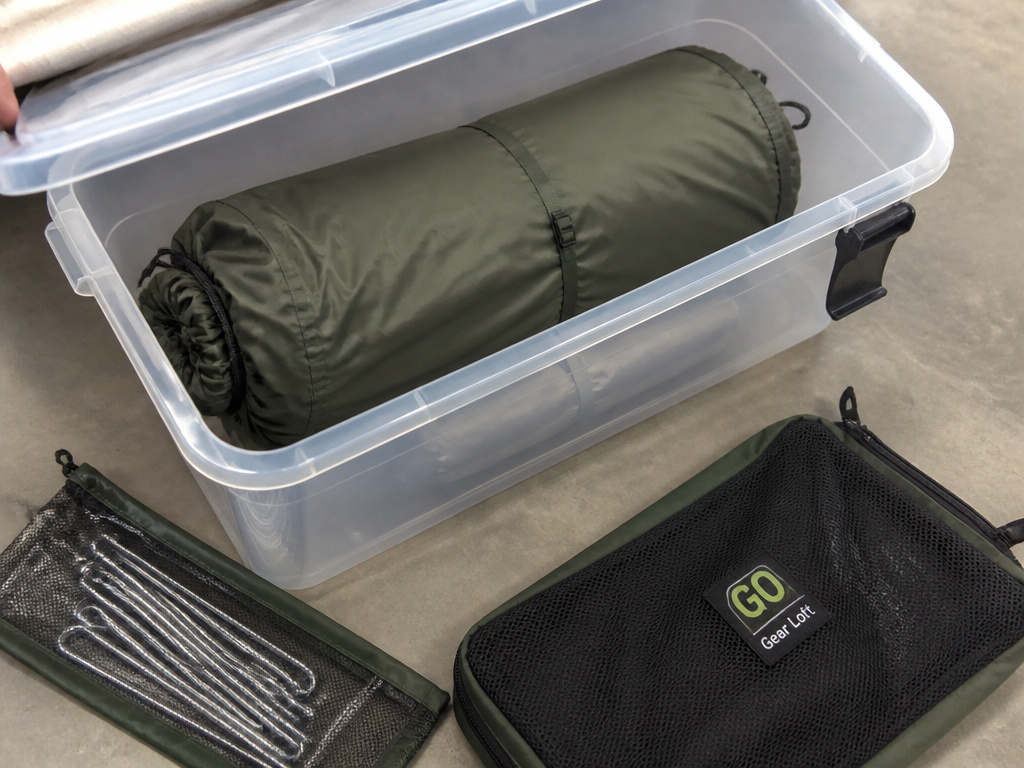 Loosely stored rolled tent in a breathable plastic storage container for long-term care