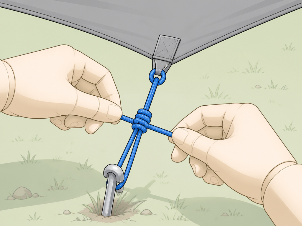 Close-up diagram of tying a trucker's hitch knot for a taut tarp shelter.