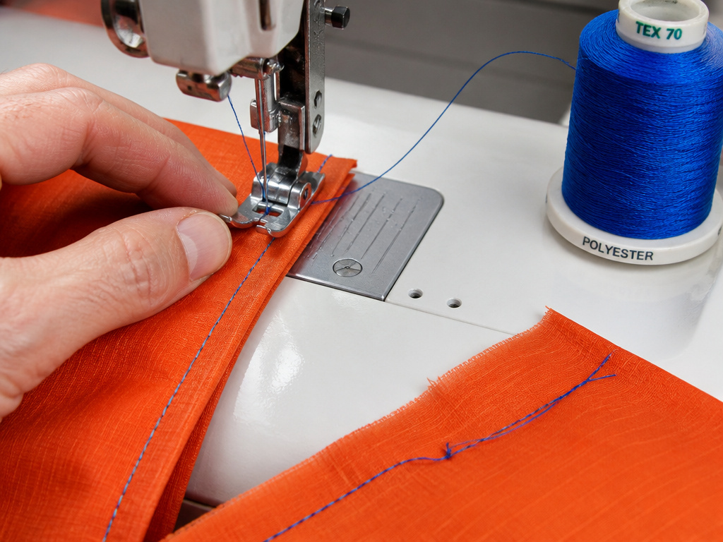 Close-up of sewing tent fabric with heavy-duty thread and needle for strong seams.