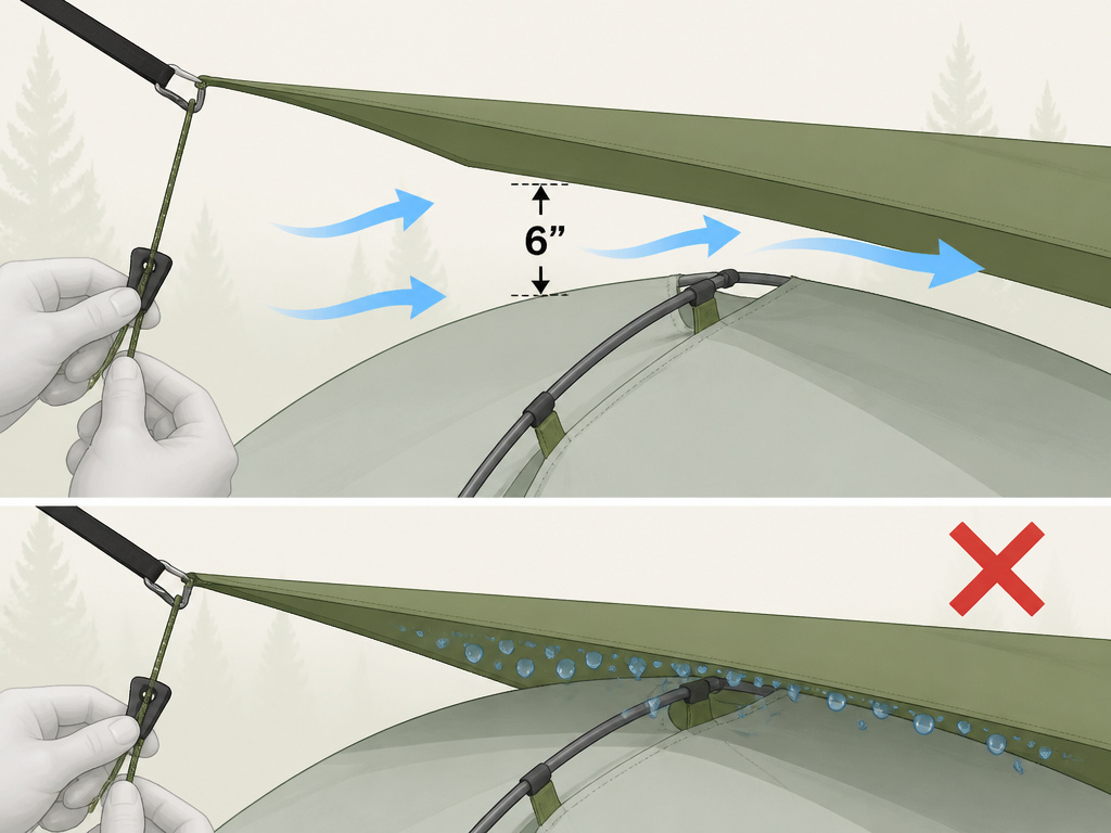 Critical ventilation gap between tent and tarp to prevent condensation.