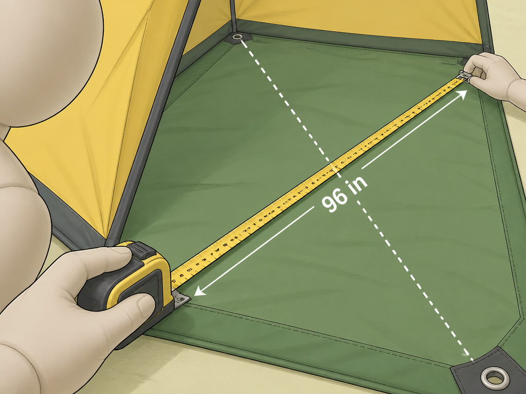 Using a tape measure to square a tent by checking diagonal lengths.