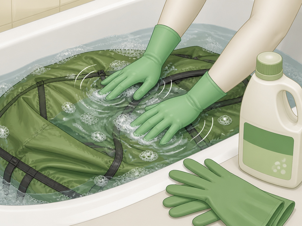 Tent soaking inside-out in a bathtub with cleaner, hands swishing fabric.