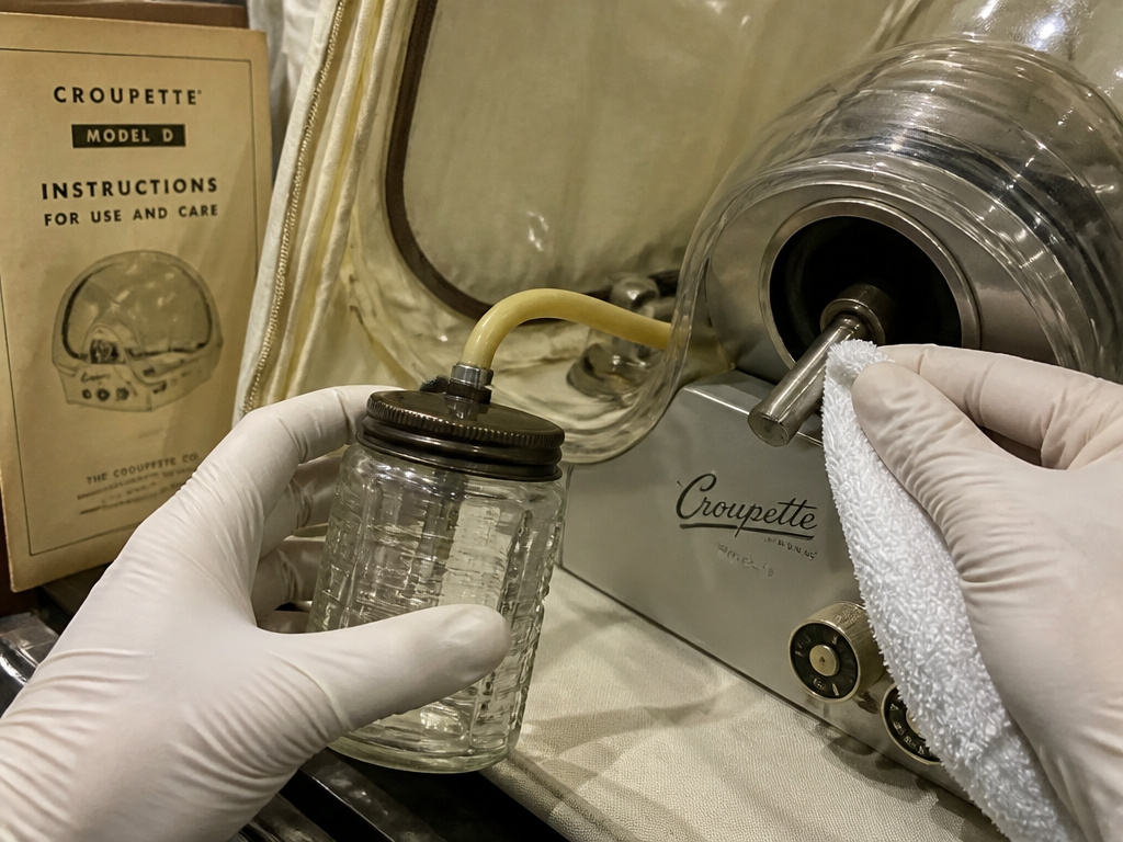 Close-up maintenance of a vintage Croupette Model D pediatric mist tent.