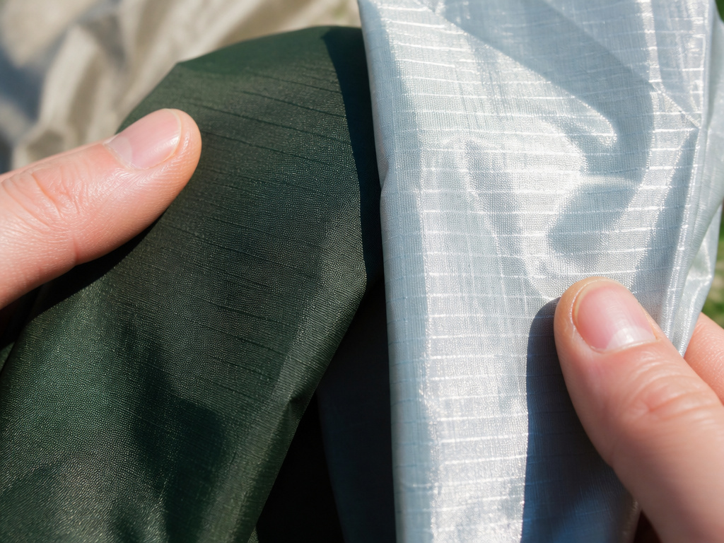 Dark green tent fabric versus light silver fabric for heat reflection comparison.