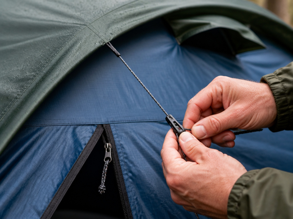 Camper adjusting guyline tension and ventilation on a pitched tent.