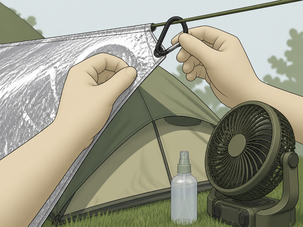 Four essential tools for cooling a tent: fan, blanket, paracord, and spray bottle.