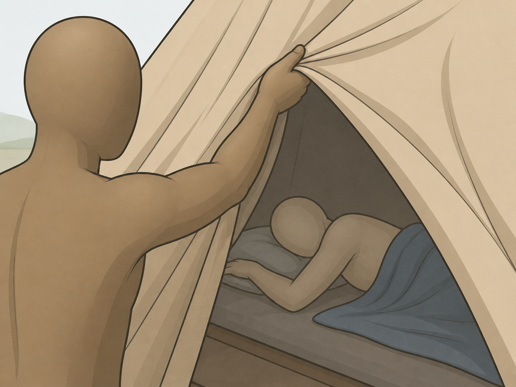 Biblical scene of Ham uncovering Noah in the tent, silhouette illustration.