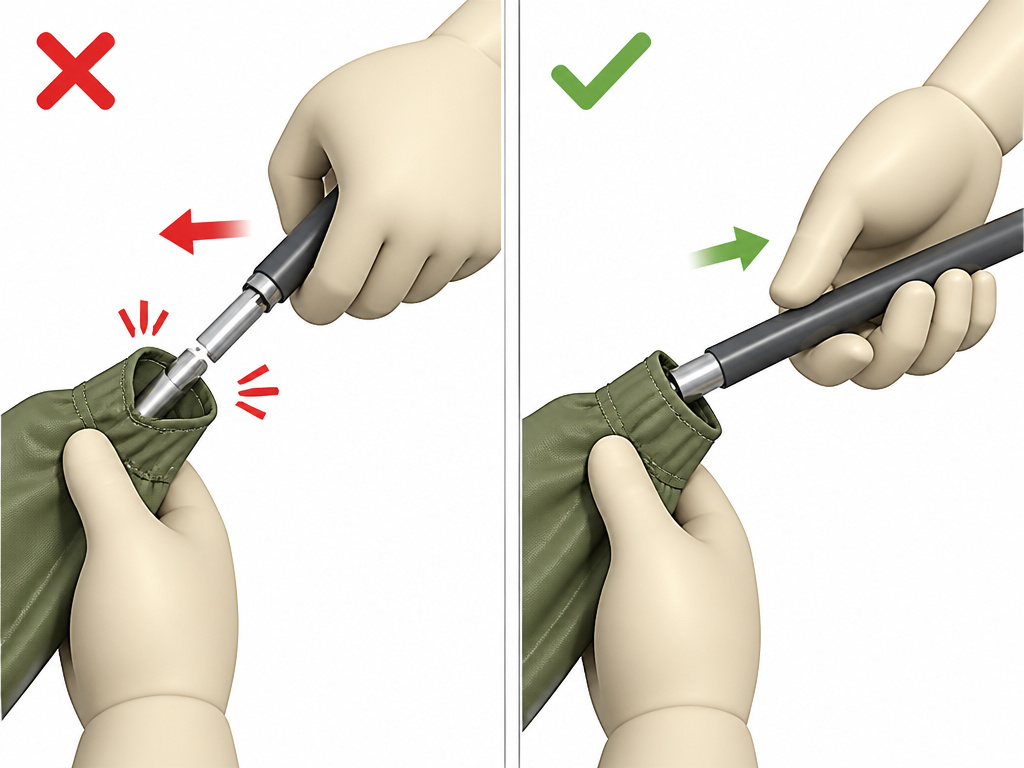 Correct and incorrect way to handle tent poles during takedown.