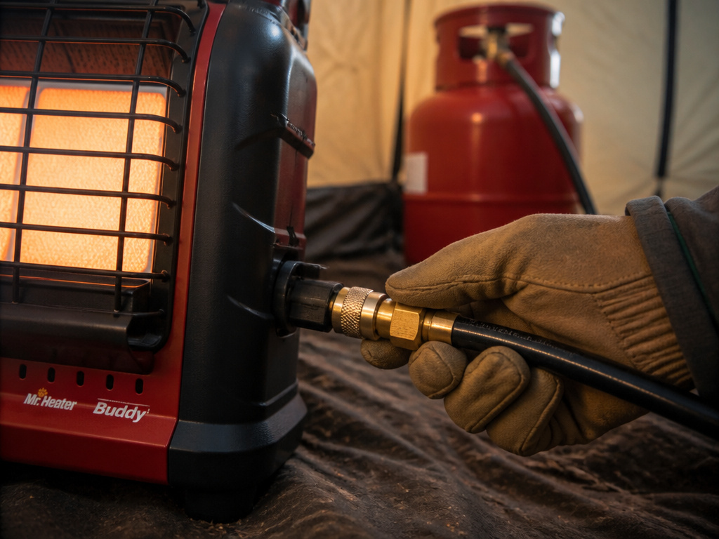 Unsafe propane tank and hose connection for Buddy heater inside a tent.