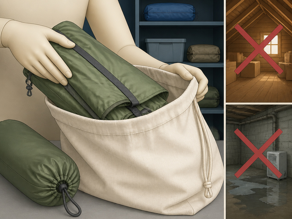 Proper long-term tent storage using a breathable bag in a cool, dry closet