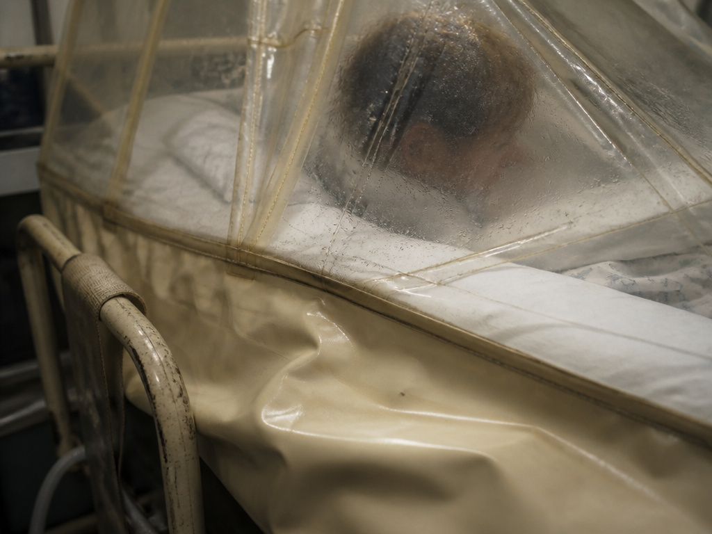 Vintage pediatric croup tent canopy with condensation, sealing a child's hospital bed.