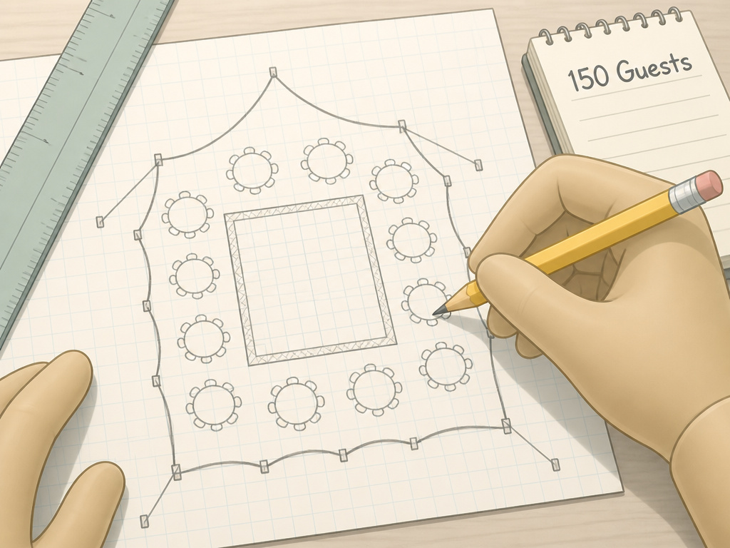 Scaled floor plan sketch for a 150-guest tent with dance floor layout.