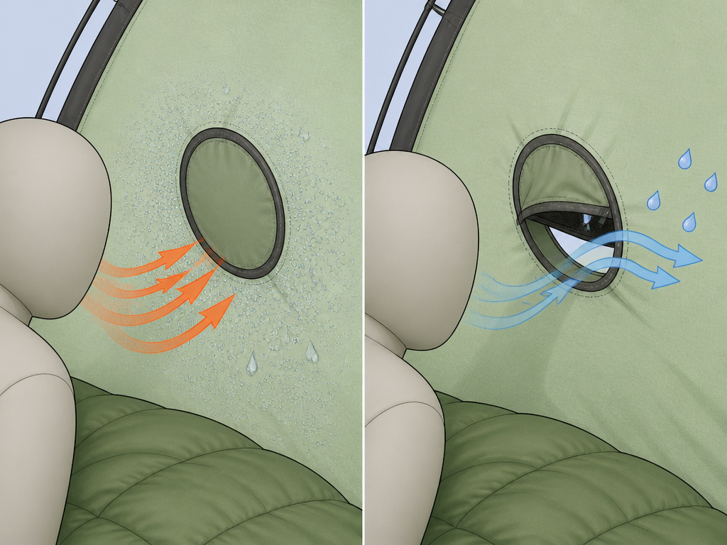Diagram showing why to crack a tent vent for moisture control in winter camping.