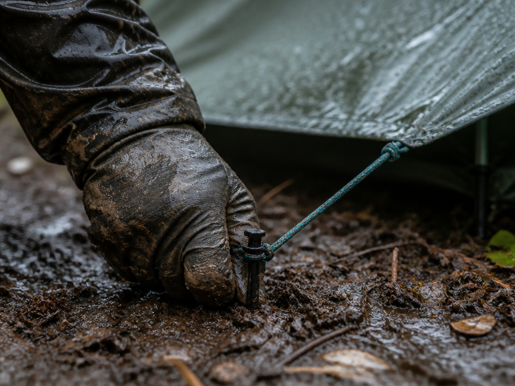 Re-securing a tent peg and guy line in wet, windy conditions.