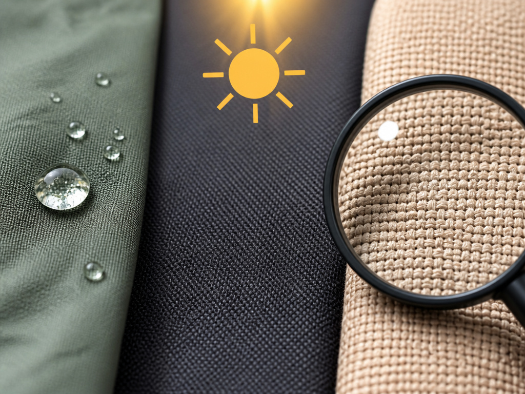 Close-up comparison of nylon, polyester, and canvas tent fabric materials.