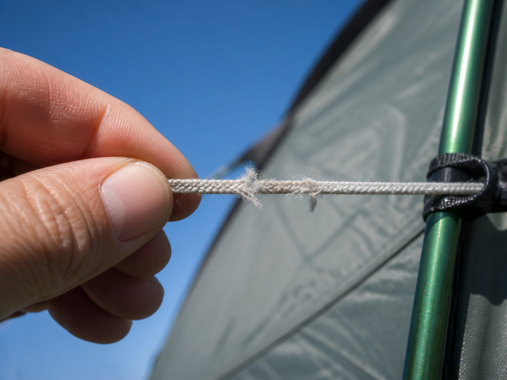 Close-up of a sun-damaged nylon tent guy rope starting to fray and break.