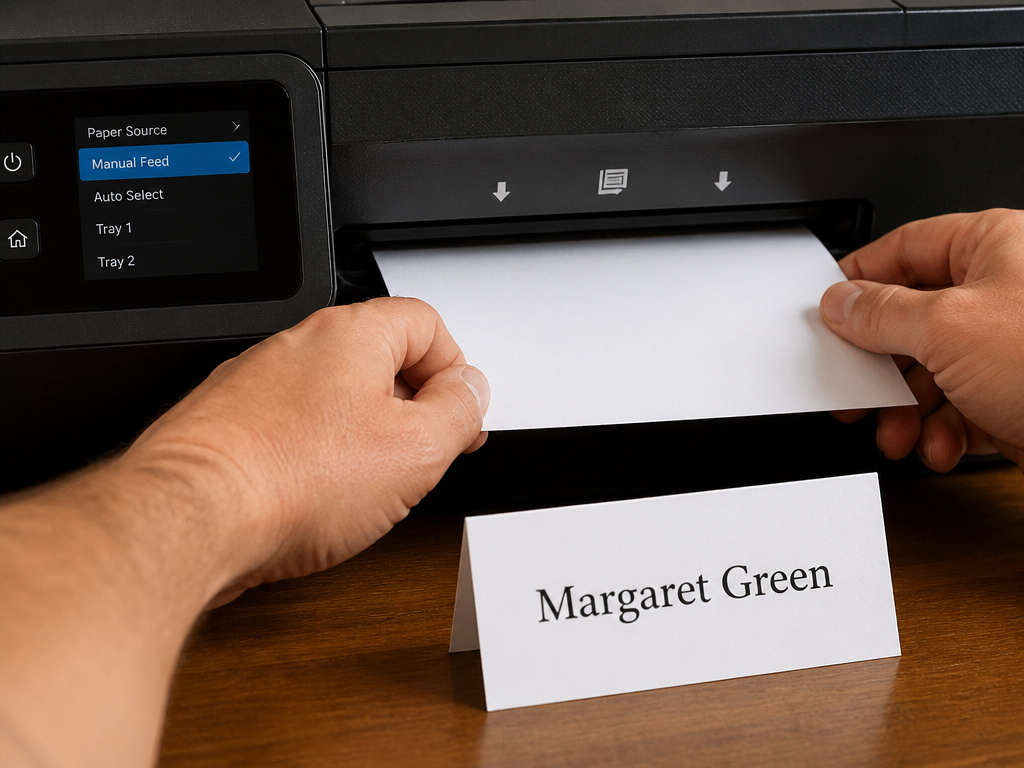 Manually feeding card stock into printer to create name tents in Word