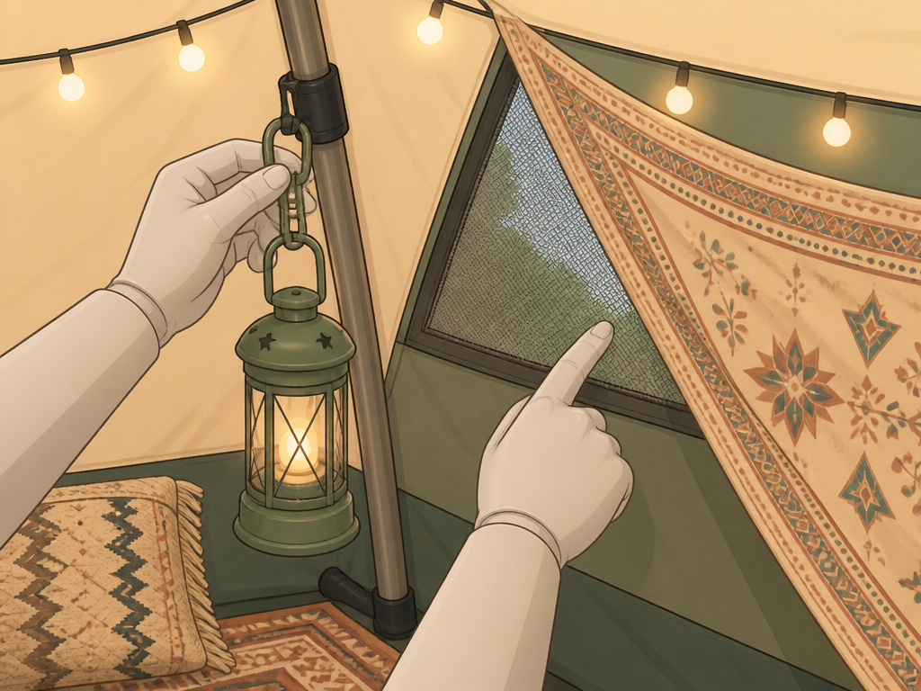 Camper checking tent decoration safety by testing a lantern clip and blocked vent.