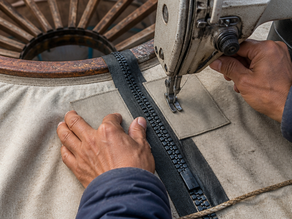Repairing and reinforcing the central seam of a modern canvas yurt tent.