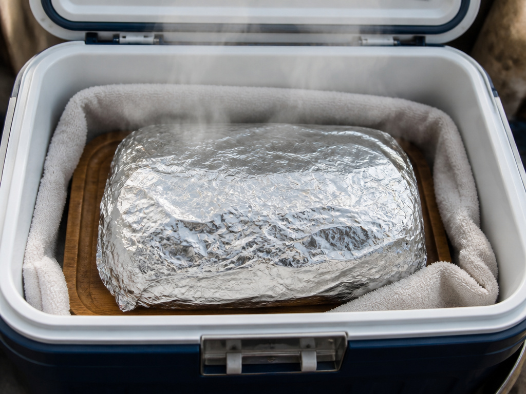 Tented prime rib resting inside a towel-lined cooler for warmth.