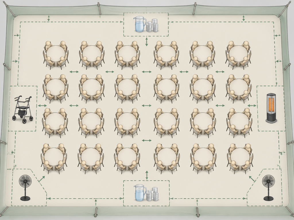 Diagram applying the comfort layer method to calculate tent size for 40 dinner guests.