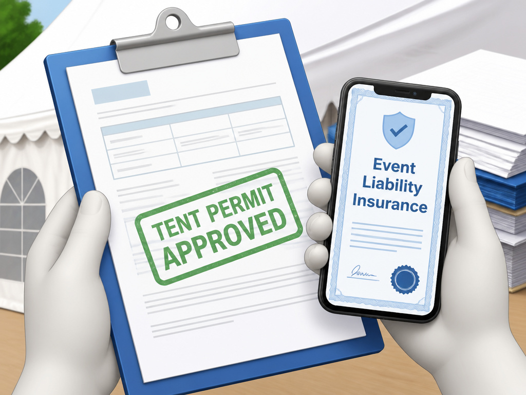Essential wedding tent permits and insurance documents on a clipboard.