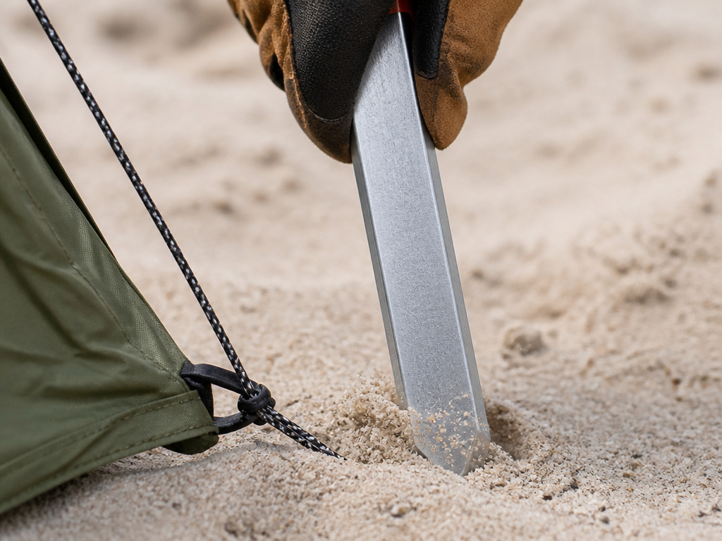 Securing a tent stake in hard, rocky ground for stable construction.