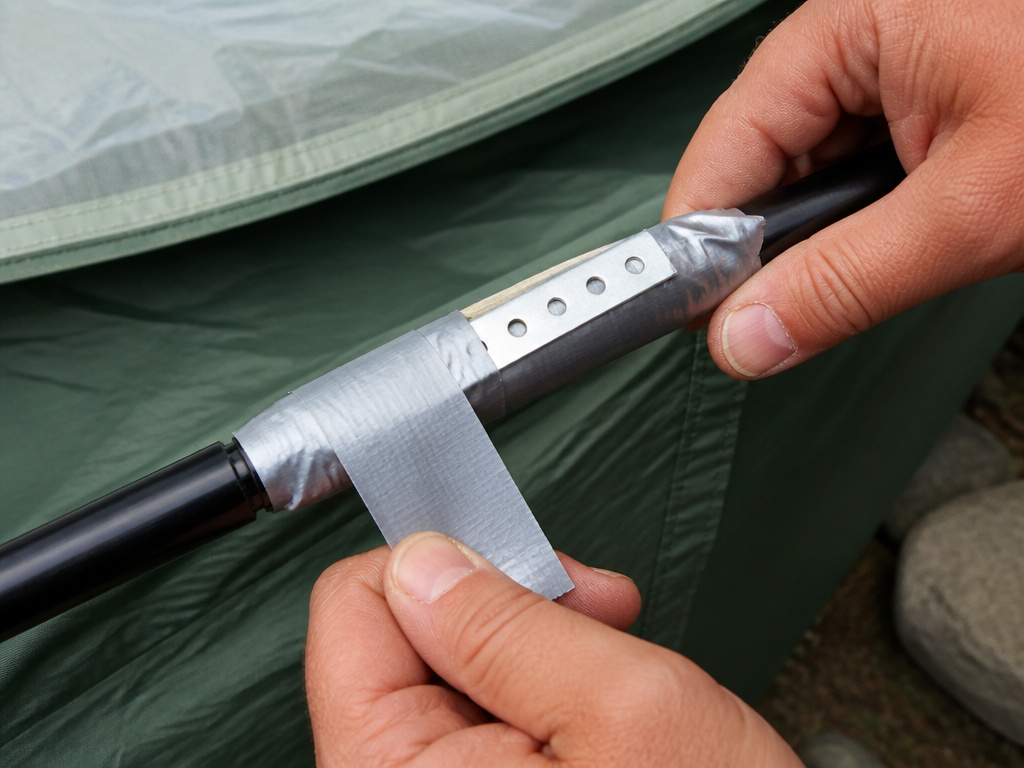 Repairing a broken tent pole with a metal splint and duct tape