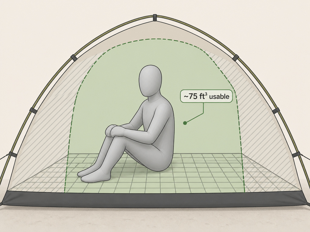 Diagram comparing geometric tent volume to actual usable living space inside.