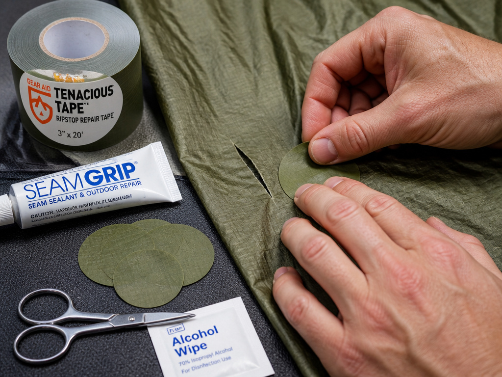 Essential tent repair kit items arranged around a fabric rip.