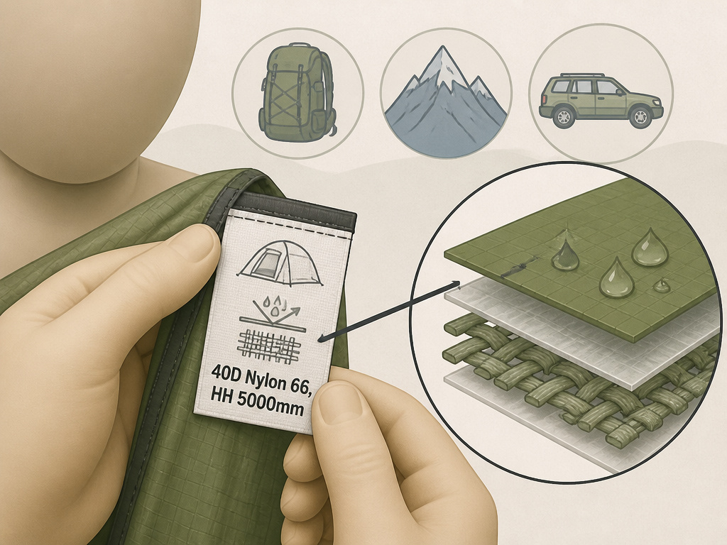 Diagram matching tent material specifications like nylon and coatings to different outdoor activities.
