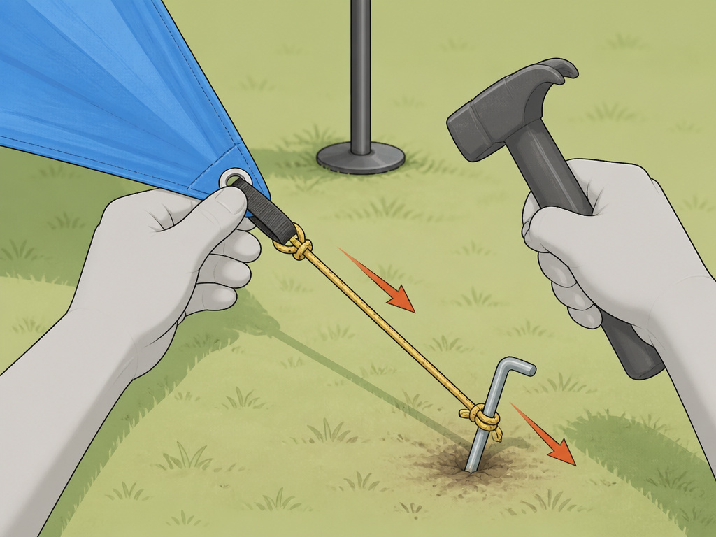 Diagram of staking a tarp corner for a DIY single-pole teepee tent.