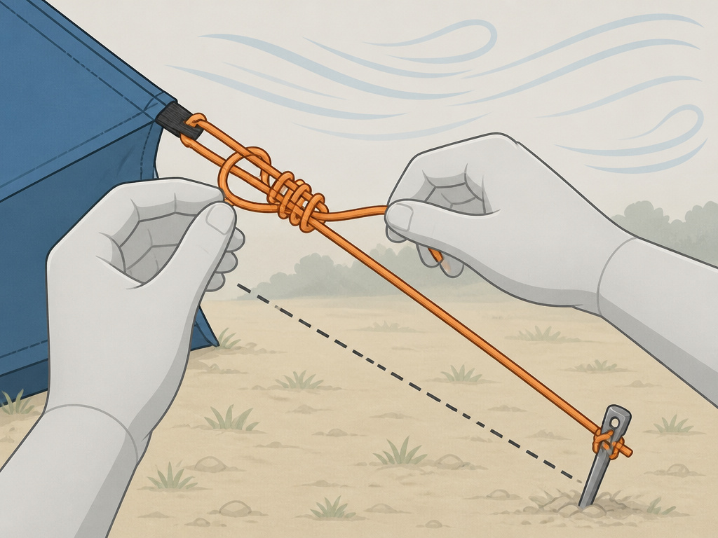 Close-up diagram of tying a trucker's hitch knot on a tent guy rope for high winds.