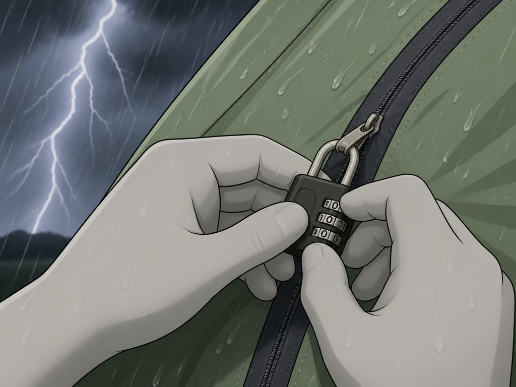 Camper struggling to unlock a tent zipper during a lightning storm
