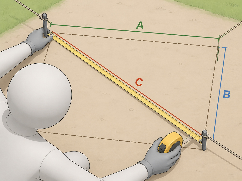 Diagram of measuring and pre-staking a large tent for a square setup.