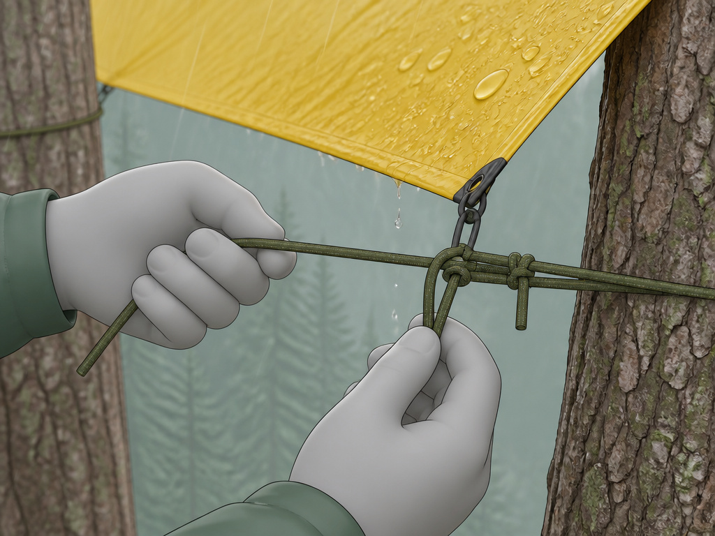 Setting up an emergency A-frame tarp shelter in heavy rain conditions.