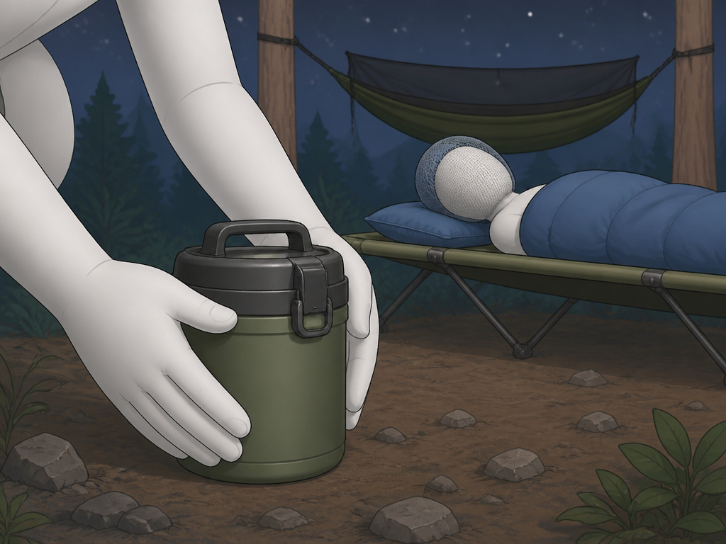 Sleeping under stars on a cot with head net for cooling, securing bear canister away