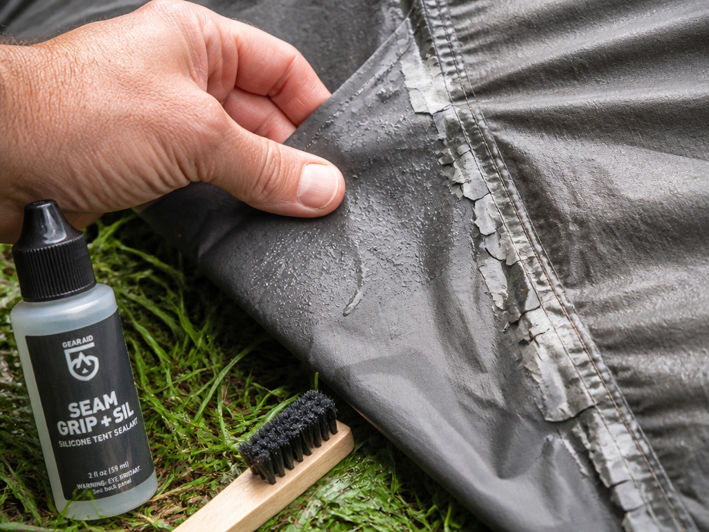 Close-up comparison of flaky tent coating versus torn fabric needing replacement.