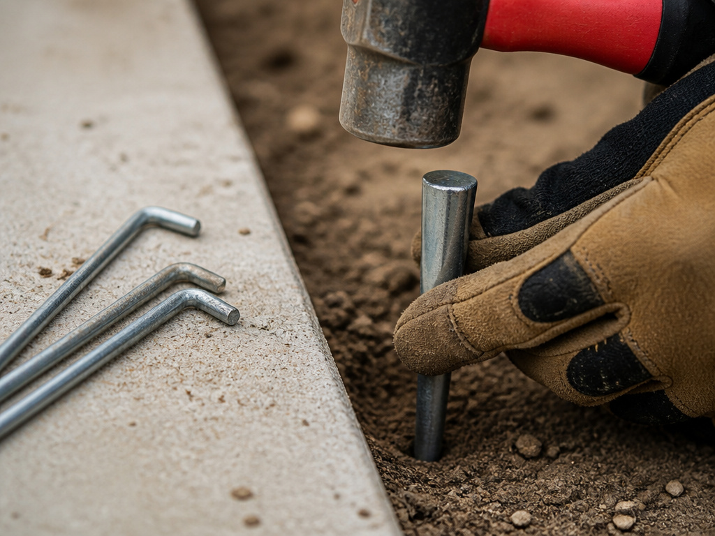 Close-up hammering a thick steel tent stake into soil next to concrete.