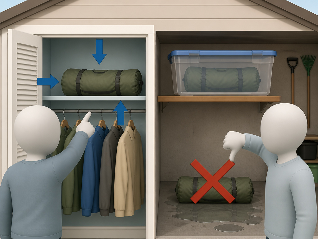 Best long-term tent storage locations: bedroom closet versus garage with sealed tub.