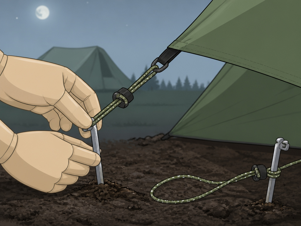 Cartoon illustrating proper tent guyline slack to prevent fabric damage.