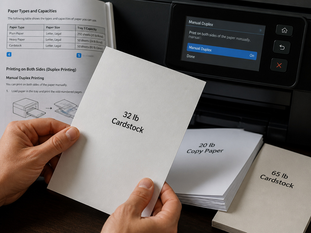 Comparing paper weights for name tents and printer duplex settings.
