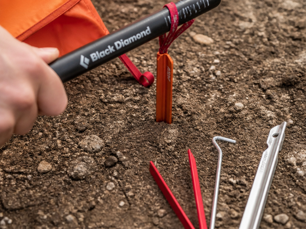 Close-up of using a trekking pole to hammer an MSR Groundhog tent stake into hard ground.