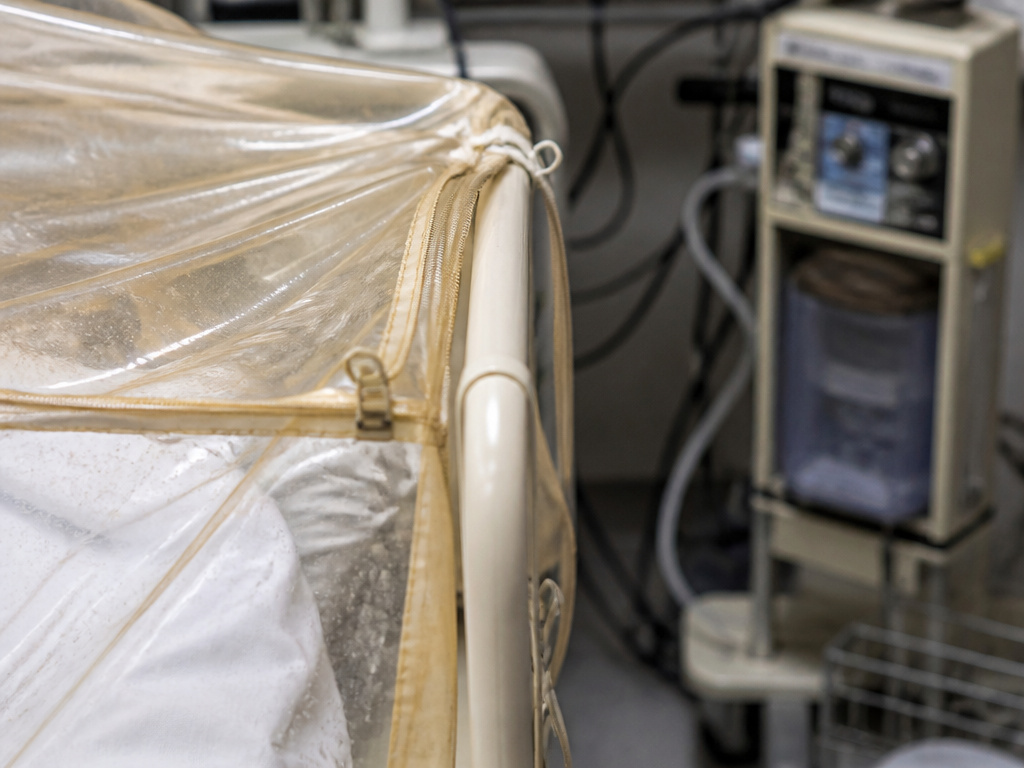 Vintage medical croup tent showing plastic canopy and machinery hazards.