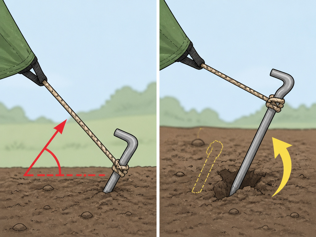 Diagram showing correct stake height and 45-degree guy rope angle for tent stability.