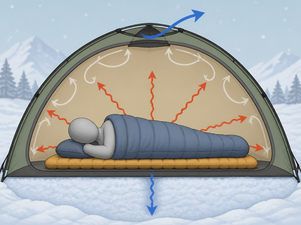 Diagram showing conduction, convection, and radiation heat loss in a winter tent.