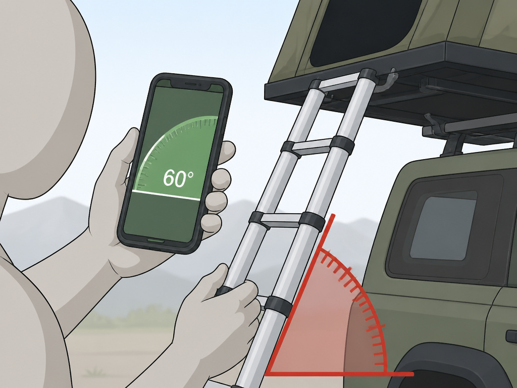 Measuring a 60-degree ladder angle for a roof top tent installation.