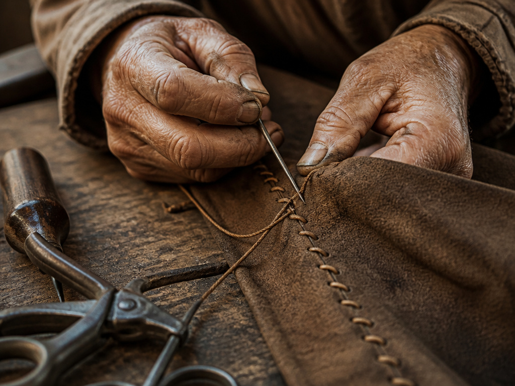 Close-up of hands stitching tent fabric like the Apostle Paul.