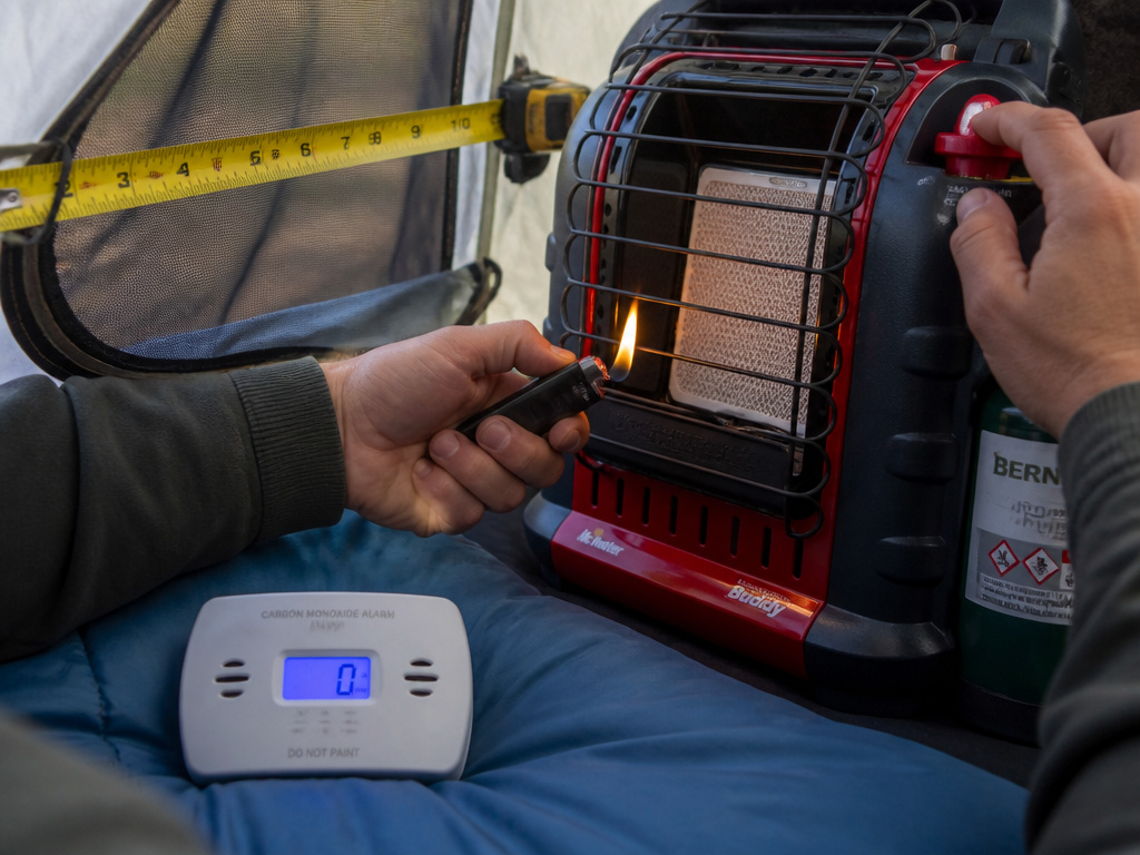 Camper lighting a Buddy Heater in a tent with CO detector and vent visible.