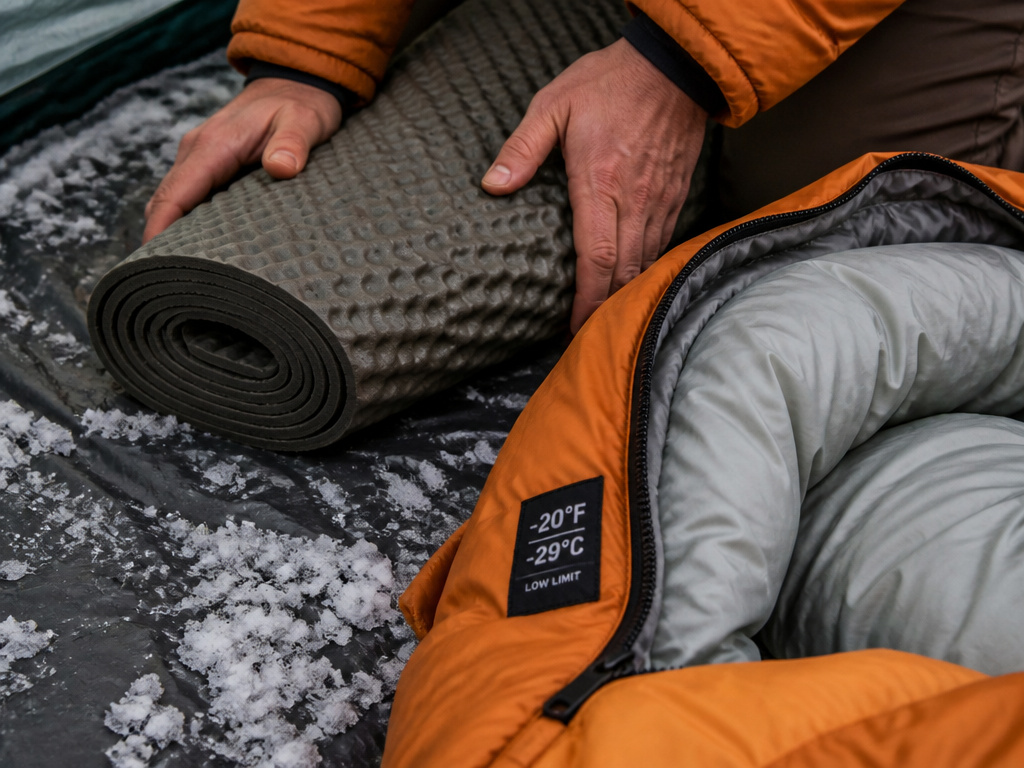 Close-up of high R-value winter sleeping pad and bag being set up in a tent.